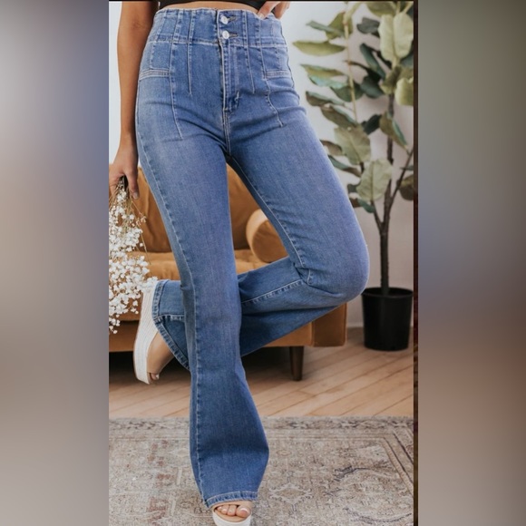 FREE PEOPLE SUNBURST BLUE JAYDE FLARE JEAN 28 NWOT - Picture 9 of 15